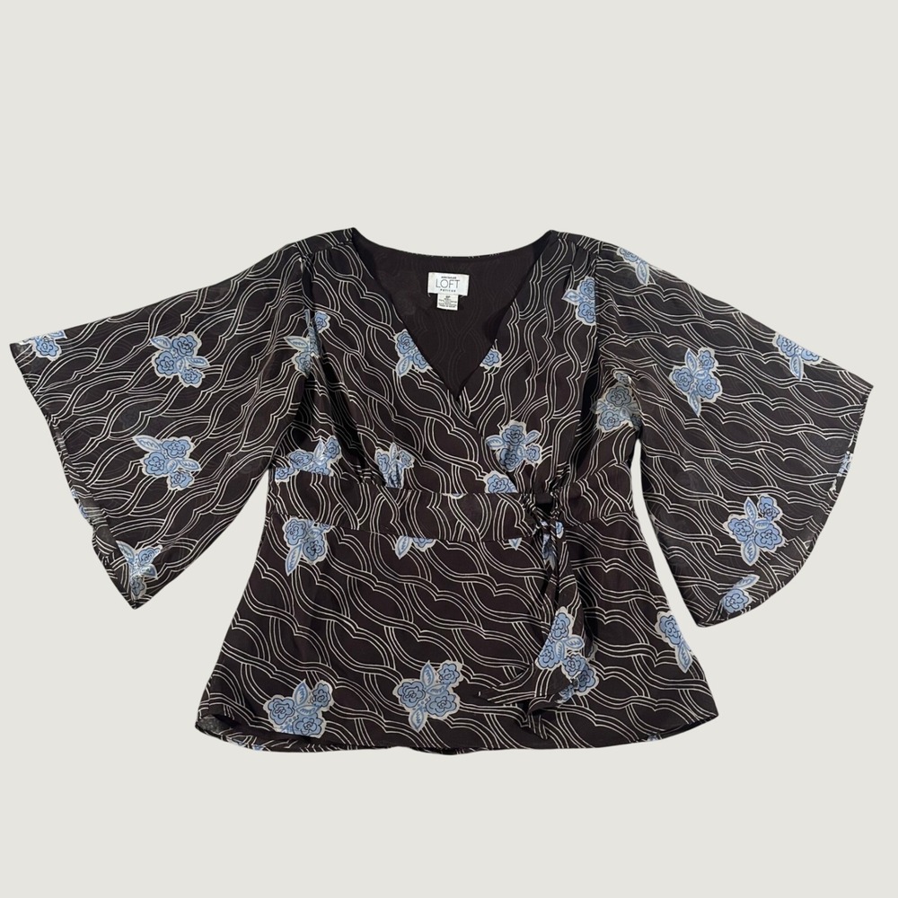 Boho Ann Taylor Loft Petites Brown Floral Bell Sleeve Wrap Blouse Top Size 8P
